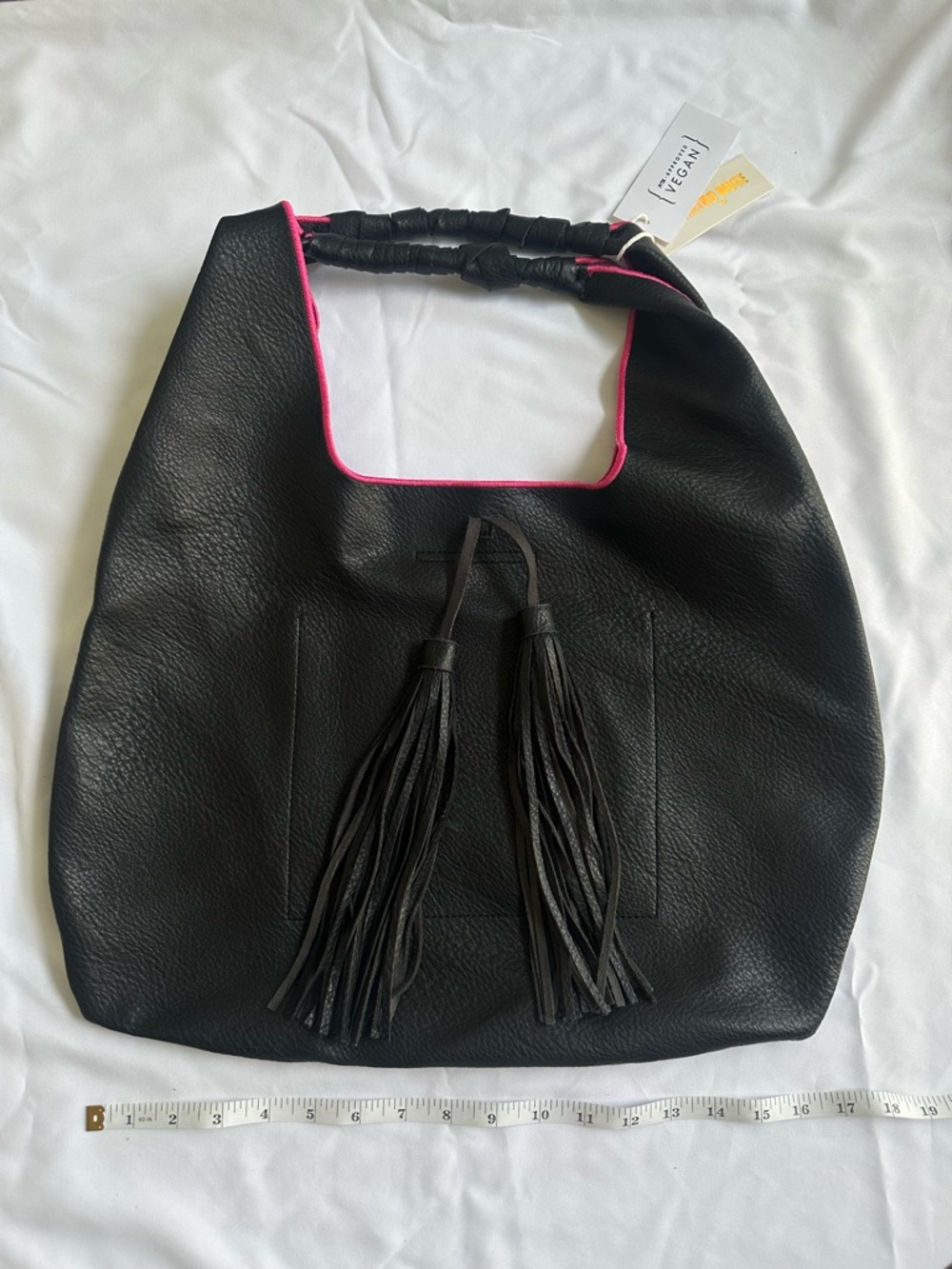 NWT Black Hobo Tote with Pink Trim and Fringe Tassels
